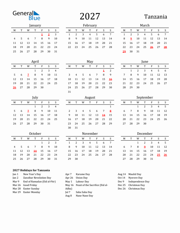Tanzania Holidays Calendar for 2027