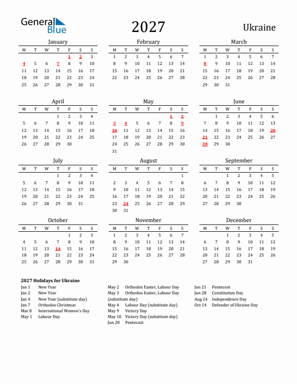 Ukraine Holidays Calendar for 2027