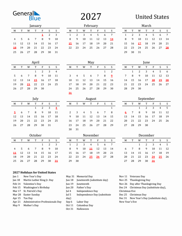 United States Holidays Calendar for 2027