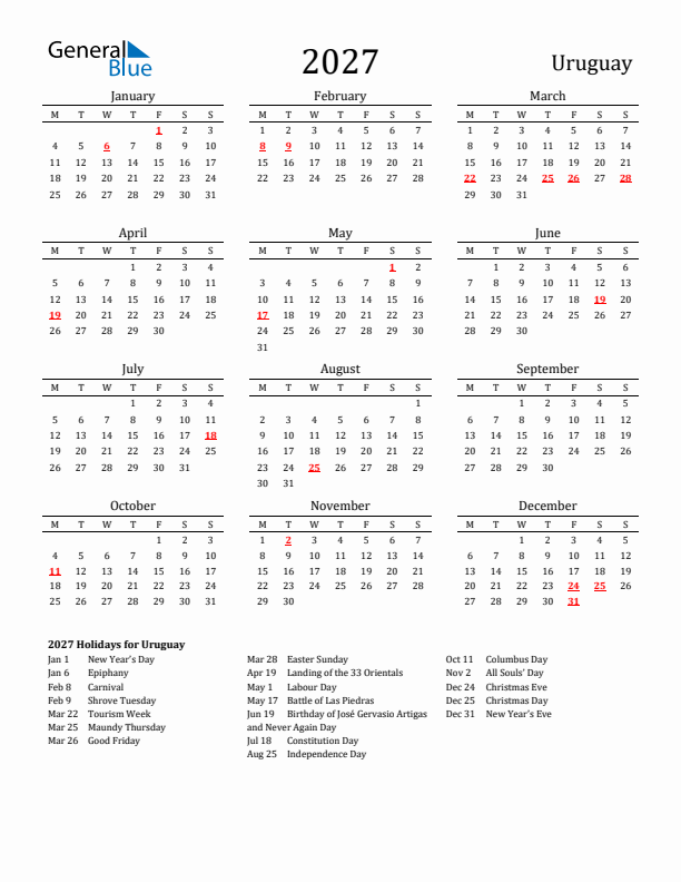 Uruguay Holidays Calendar for 2027