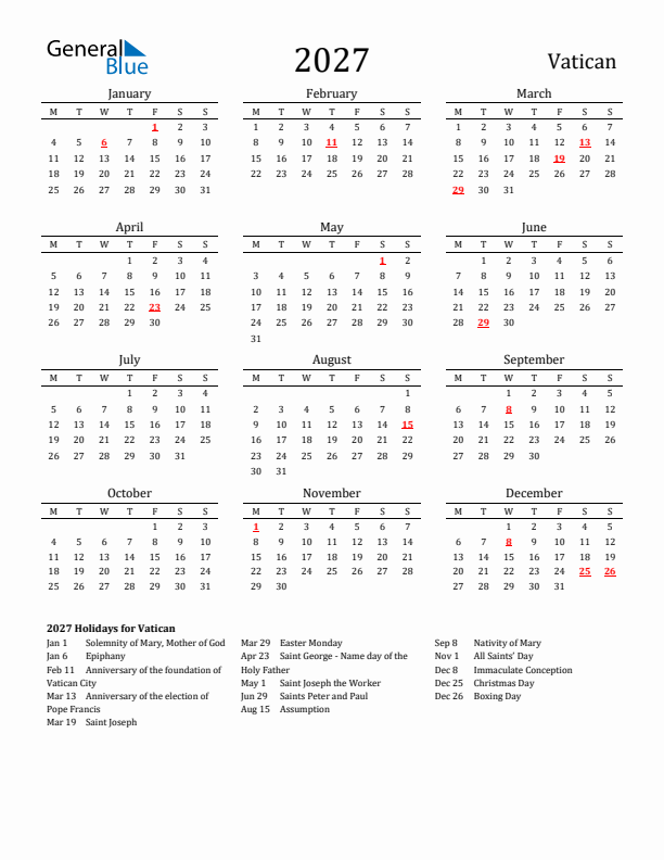Vatican Holidays Calendar for 2027