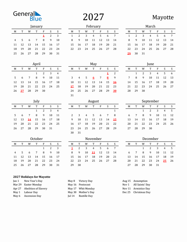 Mayotte Holidays Calendar for 2027