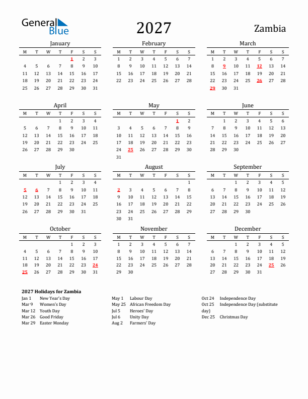 Zambia Holidays Calendar for 2027