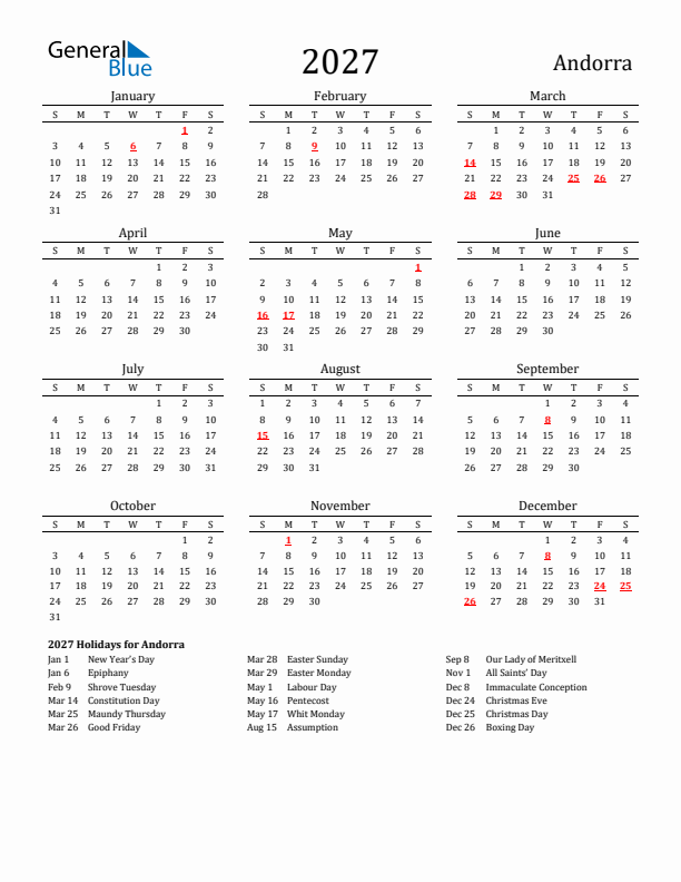 Andorra Holidays Calendar for 2027