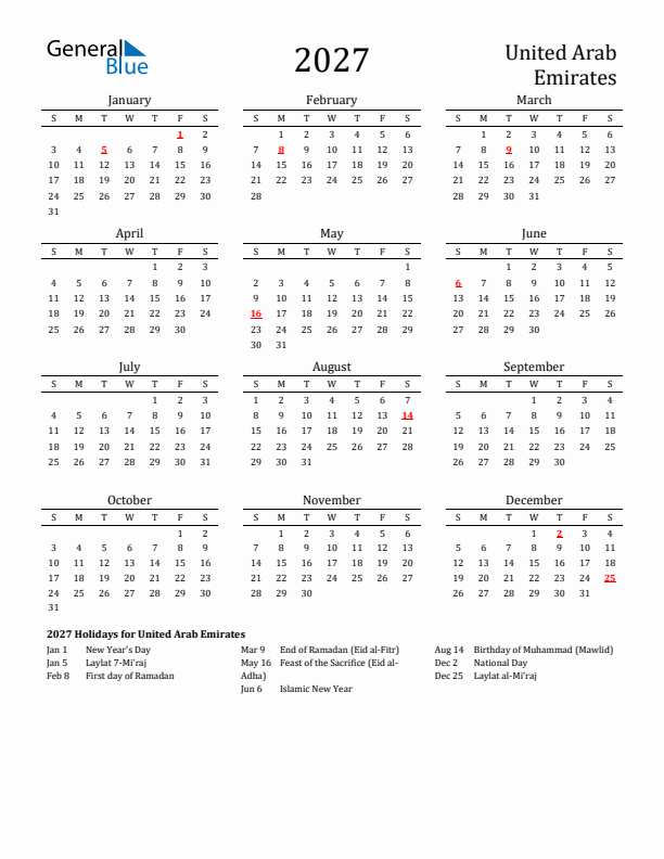 United Arab Emirates Holidays Calendar for 2027