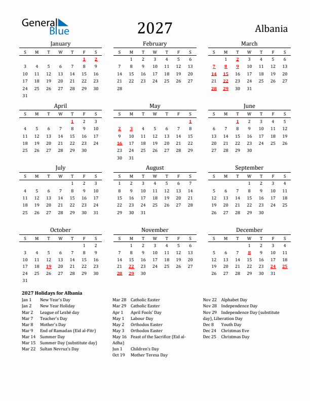 Albania Holidays Calendar for 2027