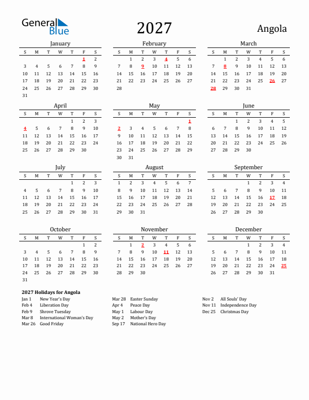 Angola Holidays Calendar for 2027