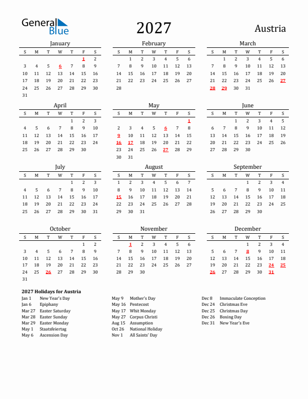 Austria Holidays Calendar for 2027