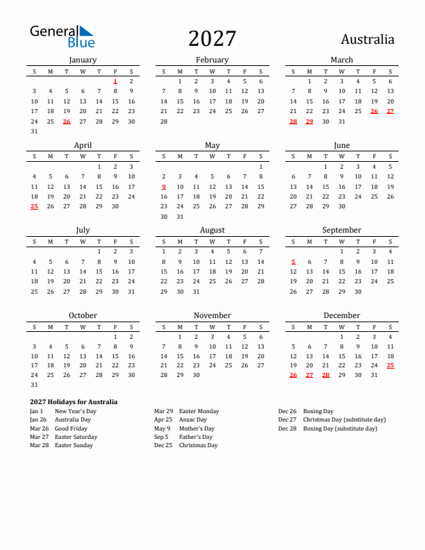 Australia Holidays Calendar for 2027