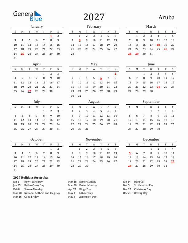 Aruba Holidays Calendar for 2027