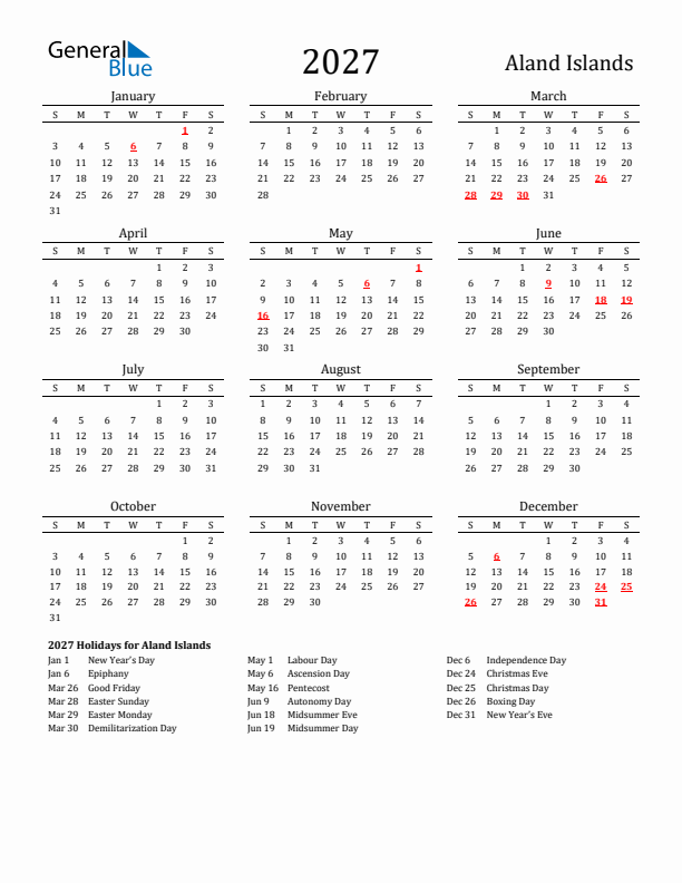 Aland Islands Holidays Calendar for 2027