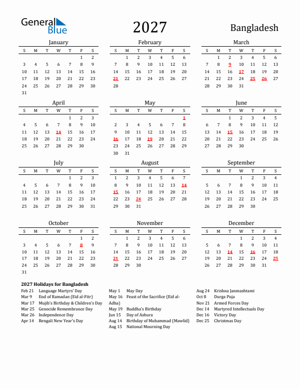 Bangladesh Holidays Calendar for 2027