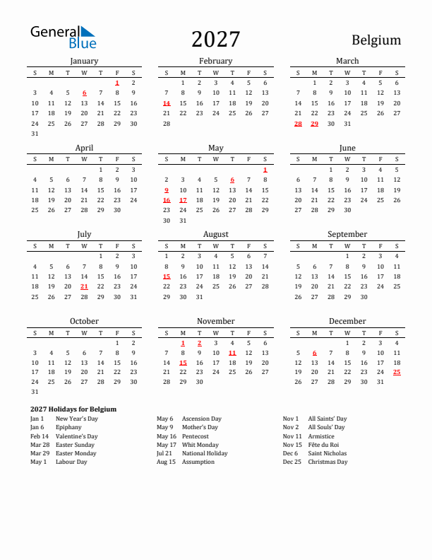 Belgium Holidays Calendar for 2027