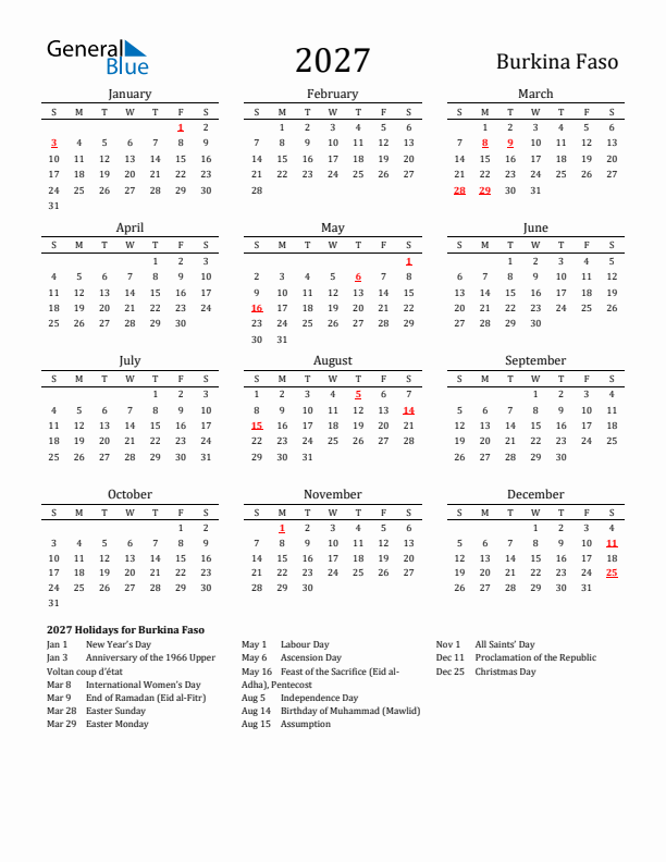Burkina Faso Holidays Calendar for 2027