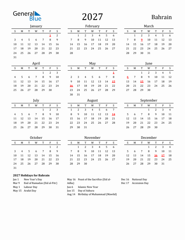 Bahrain Holidays Calendar for 2027