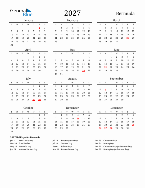 Bermuda Holidays Calendar for 2027