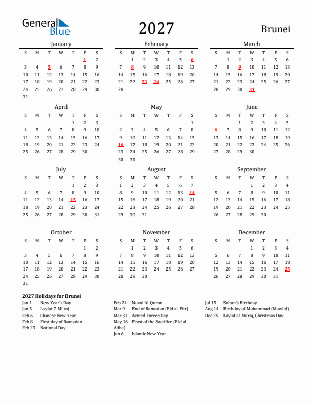 Brunei Holidays Calendar for 2027