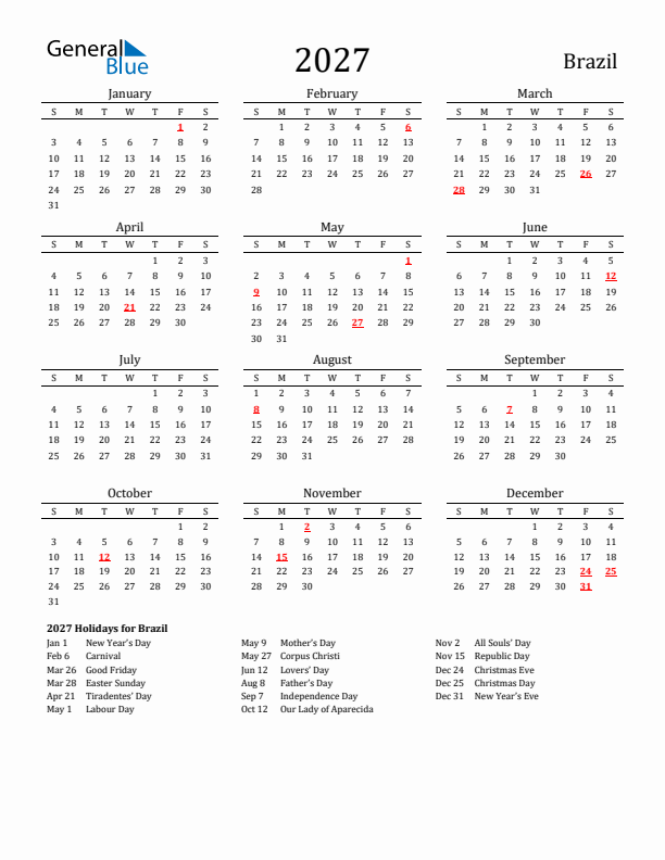 Brazil Holidays Calendar for 2027