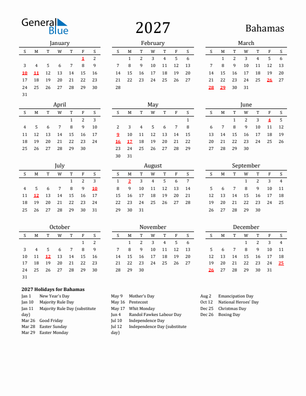 Bahamas Holidays Calendar for 2027