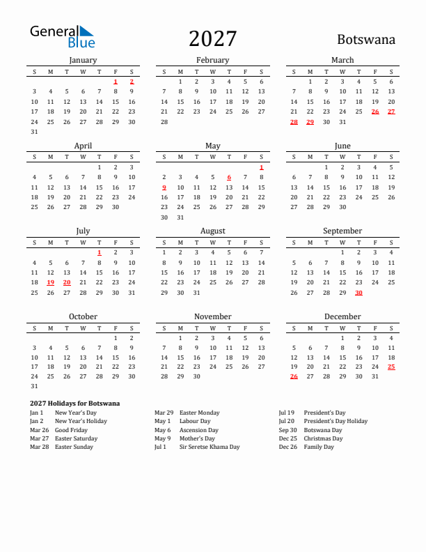 Botswana Holidays Calendar for 2027