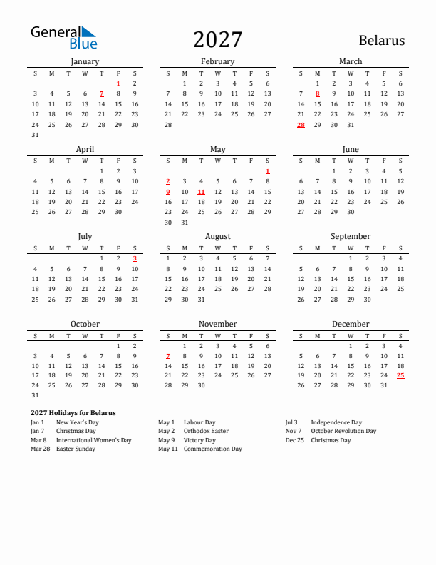 Belarus Holidays Calendar for 2027