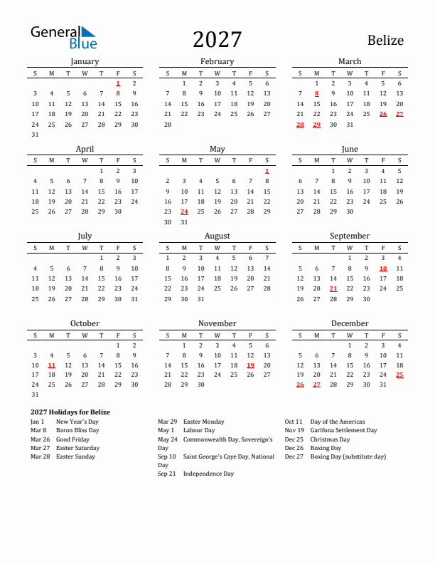 Belize Holidays Calendar for 2027