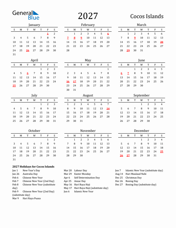 Cocos Islands Holidays Calendar for 2027