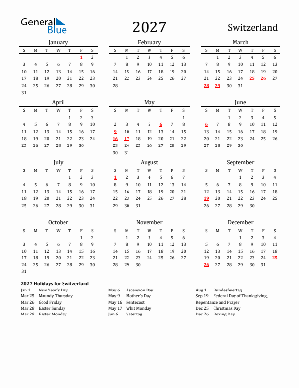 Switzerland Holidays Calendar for 2027