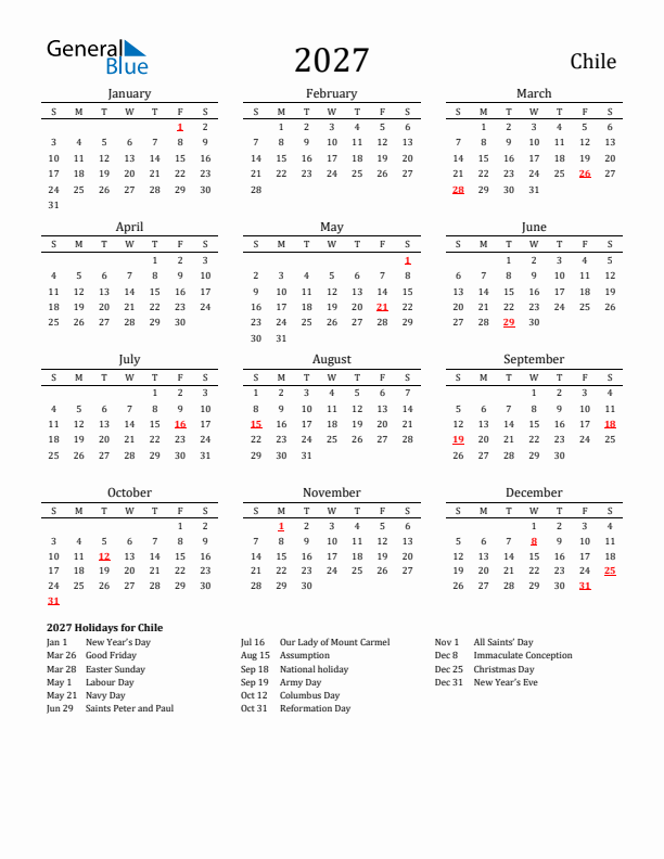 Chile Holidays Calendar for 2027