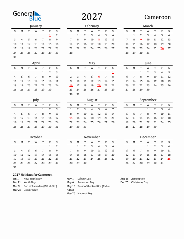 Cameroon Holidays Calendar for 2027
