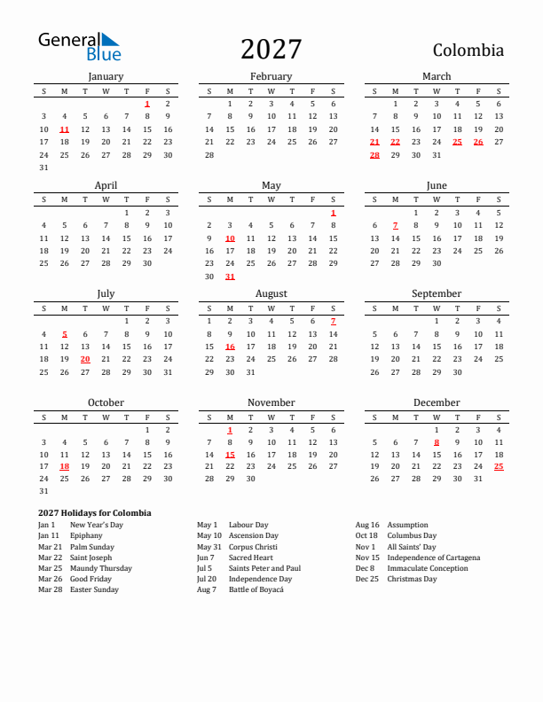 Colombia Holidays Calendar for 2027