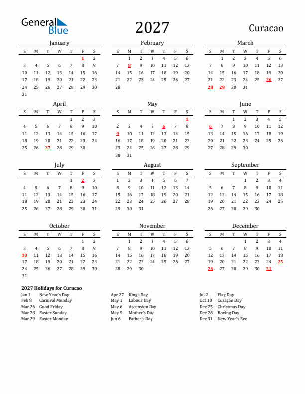 Curacao Holidays Calendar for 2027