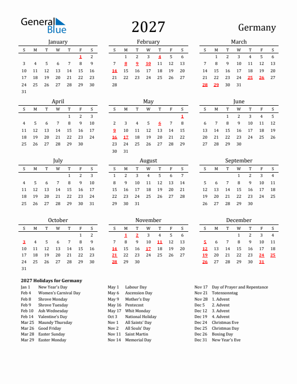 Germany Holidays Calendar for 2027