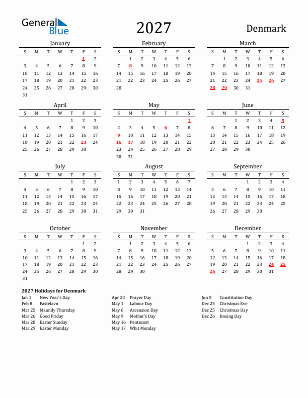 Denmark Holidays Calendar for 2027