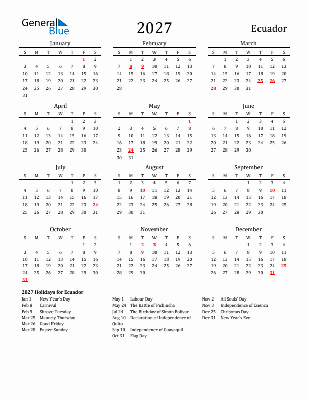 Ecuador Holidays Calendar for 2027