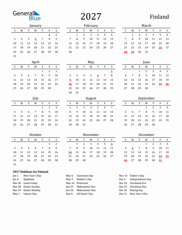 Finland Holidays Calendar for 2027
