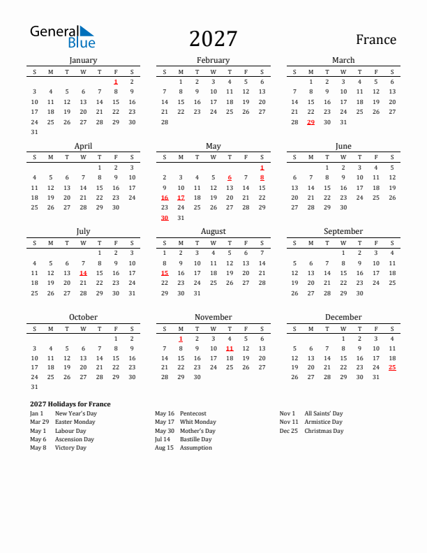 France Holidays Calendar for 2027