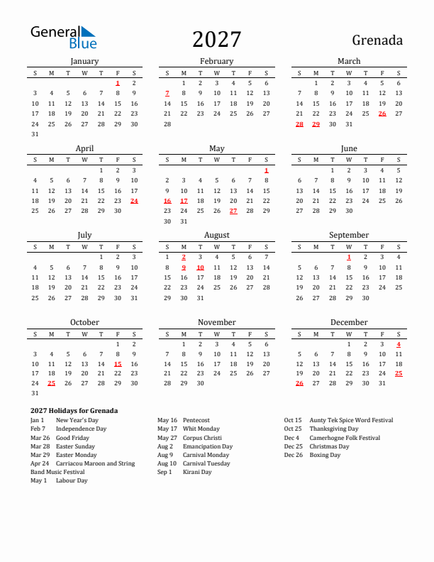 Grenada Holidays Calendar for 2027