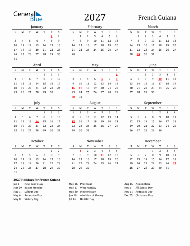 French Guiana Holidays Calendar for 2027