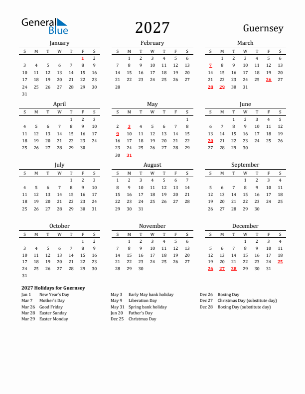 Guernsey Holidays Calendar for 2027