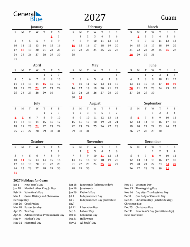 Guam Holidays Calendar for 2027