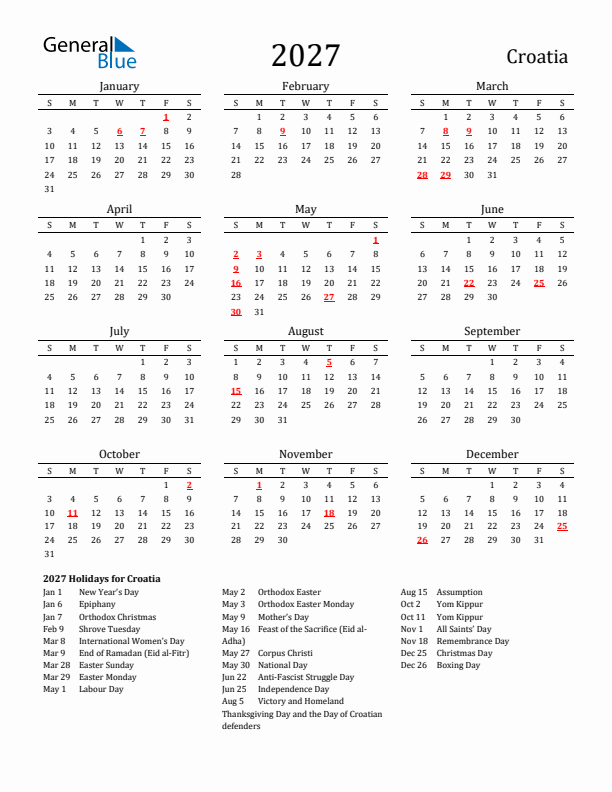 Croatia Holidays Calendar for 2027