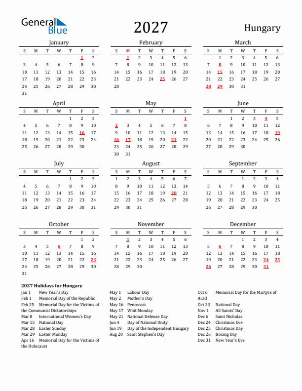 Hungary Holidays Calendar for 2027