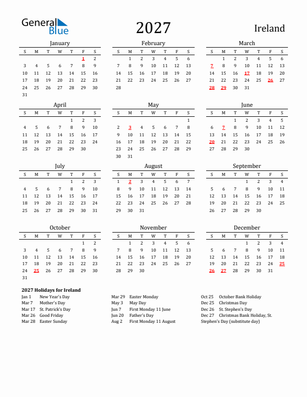 Ireland Holidays Calendar for 2027