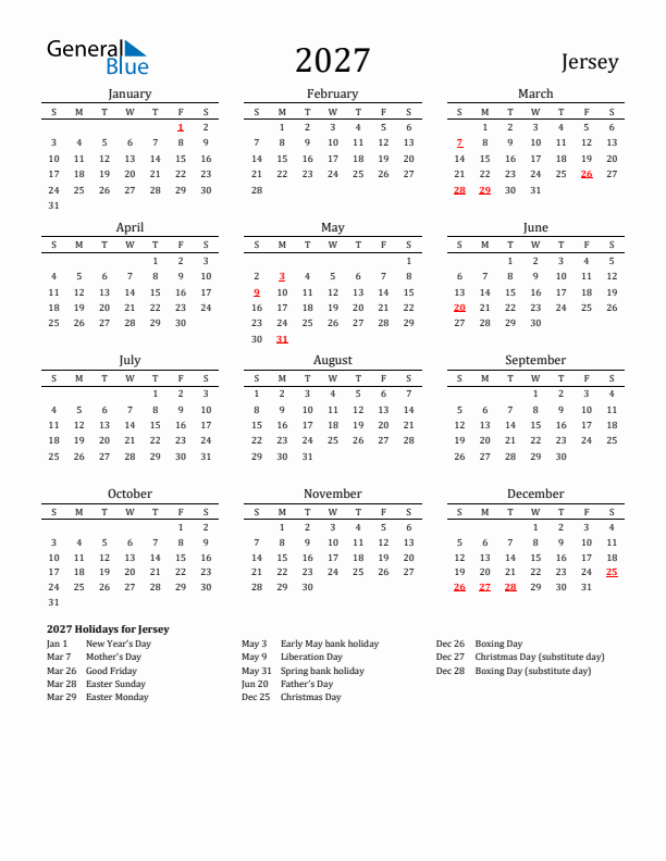 2027 Jersey Calendar with Holidays