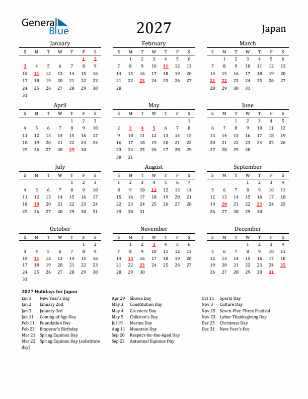Japan Holidays Calendar for 2027