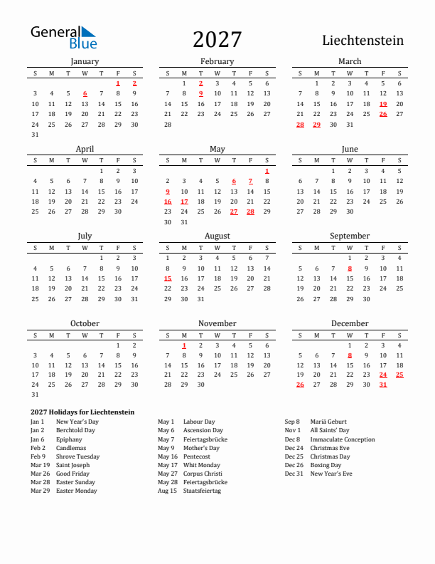 Liechtenstein Holidays Calendar for 2027