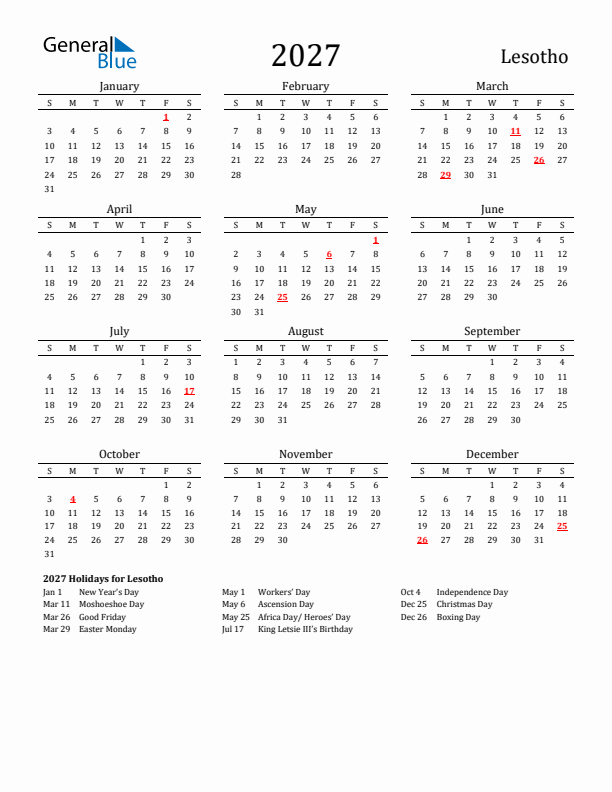 Lesotho Holidays Calendar for 2027