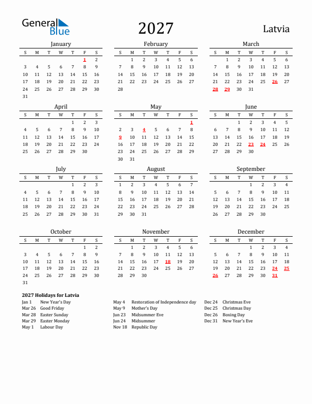 Latvia Holidays Calendar for 2027