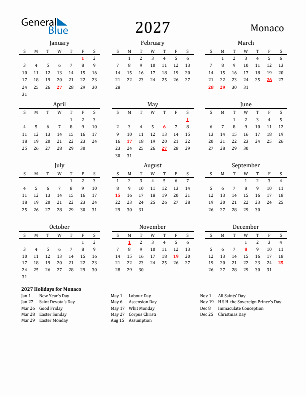 Monaco Holidays Calendar for 2027